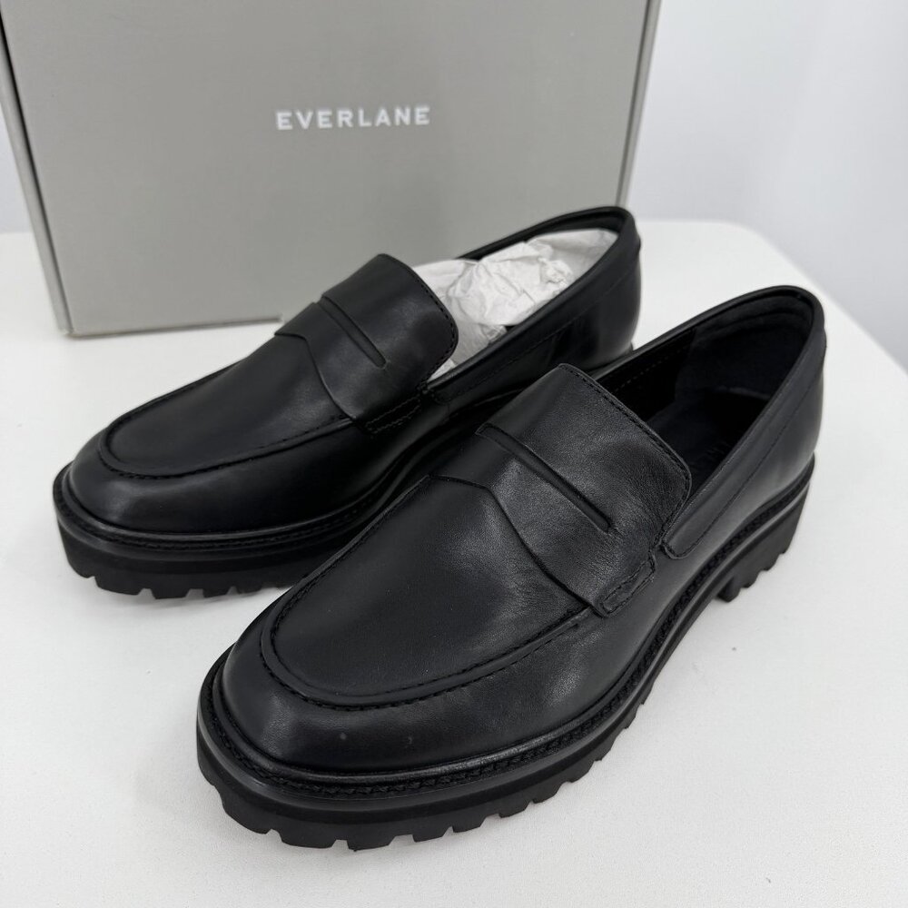 Everlane The Lug Loafer in Black Leather size 7.5 Women's Chunky Heel
